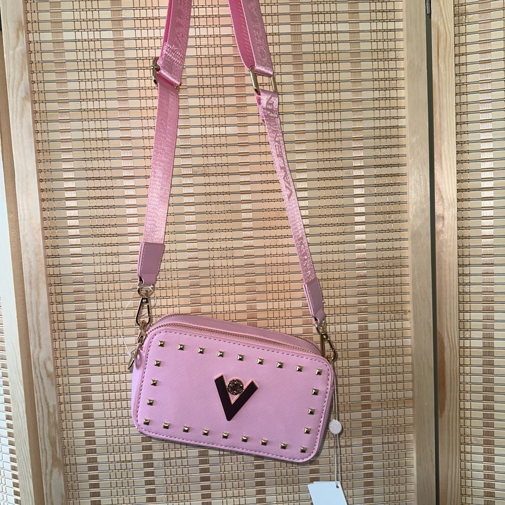 Valentino Orlandi Pink Crossbody Bag with Gold Studs & “V” Logo - Vegan Leather